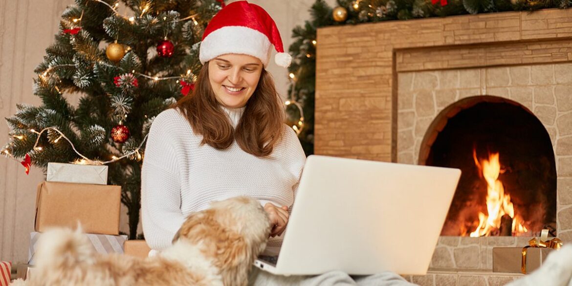 Woman Laptop job christmas tree dog